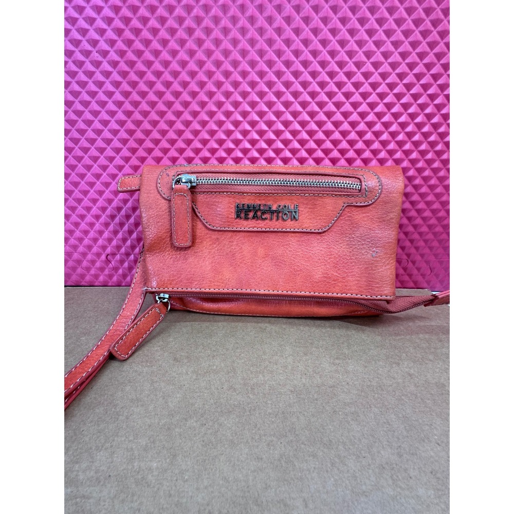 Kenneth Cole Reaction Orange Faux Leather Foldover Wristlet Clutch Bag